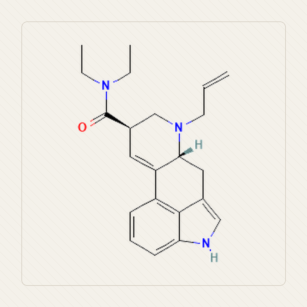 AL-LAD 6-allilo-6-nor-LSD, il·lustració educativa de l’estructura molecular