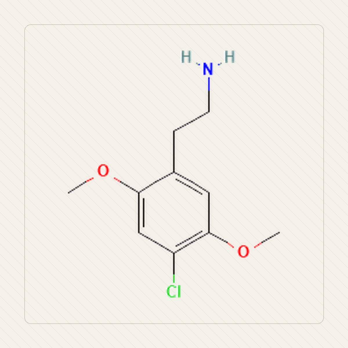 2C-C 2,5-dimetoksy-4-chlorofenetyloamina, il·lustració educativa de l’estructura molecular