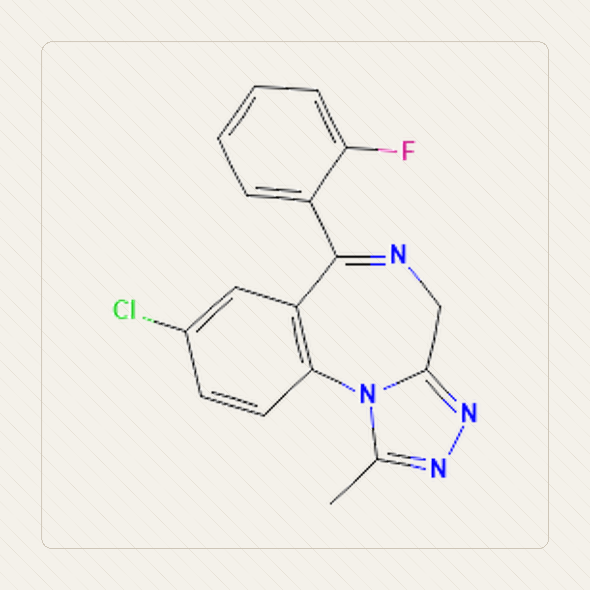 Flualprazolam, il·lustració educativa de l’estructura molecular