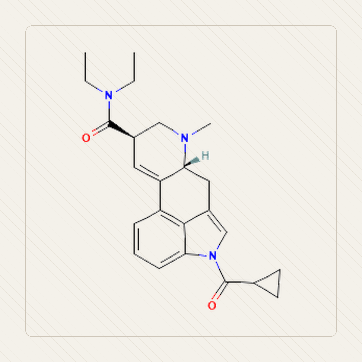 1cP-LSD 1-cyclopropionylo-LSD, il·lustració educativa de l’estructura molecular